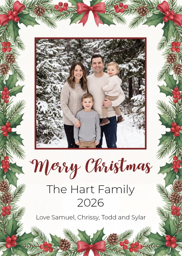 Sample Classic Christmas card with a family photo framed by holly, pine and red bows